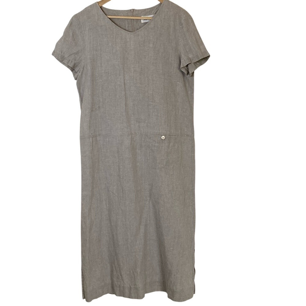 Sara Campbell Womens Short Sleeve Tan Linen Midi Dress Size 12 Classic Lagenlook